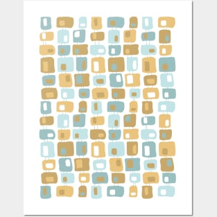 Funky Squares Retro Pattern Aqua, Gold Yellow Posters and Art